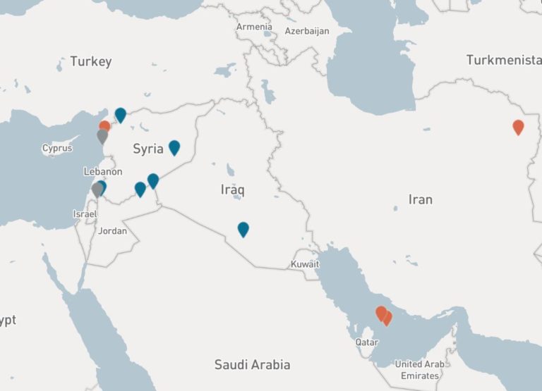 Map of the Middle East showing the history of the unmanned aerial system (UAS) military incidents.