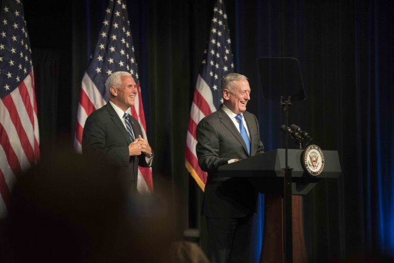 General Mattis and VP Pence speaking at a podium