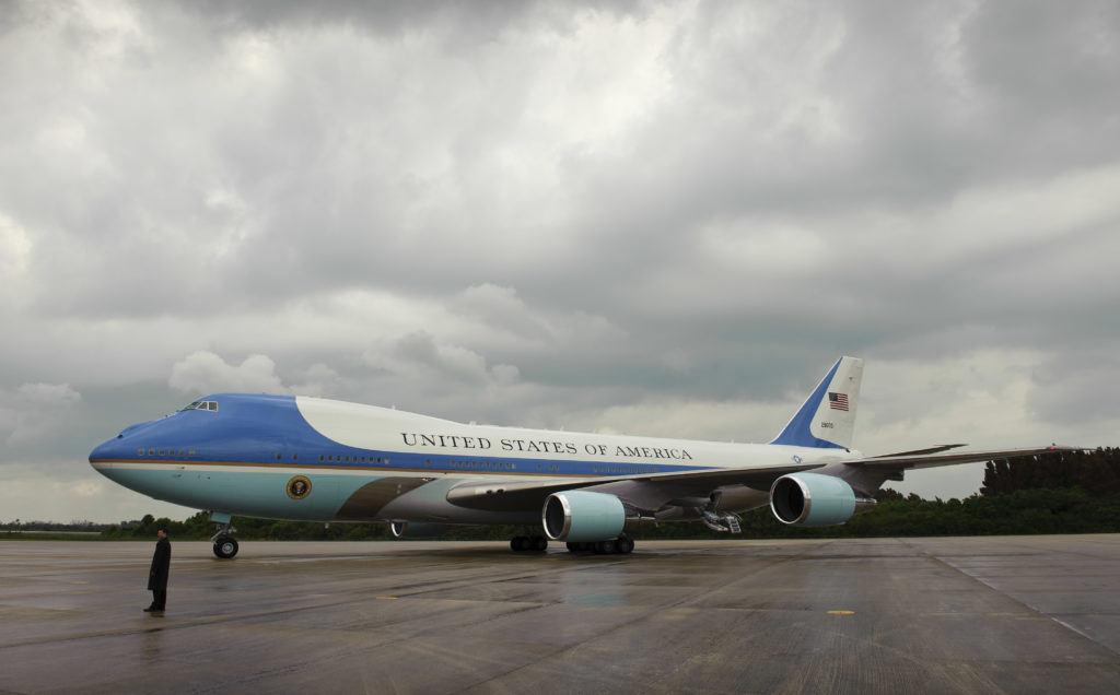 A VC-25 Air Force One on the runway