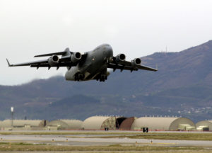 A C-17 Globemaster transport and cargo plane taking off