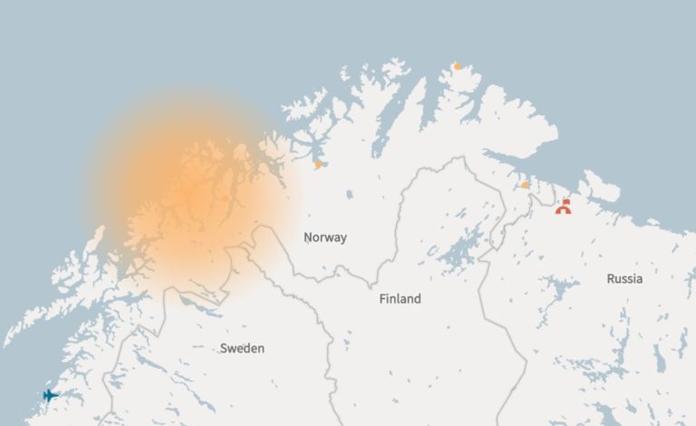Map showing GPS jamming locations in the Arctic Circle.