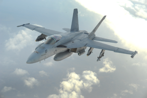 A F/18 E/F Super Hornet navy jet flying