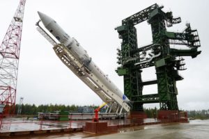 Russia's Angara 1.2 launch vehicle being tilted into position
